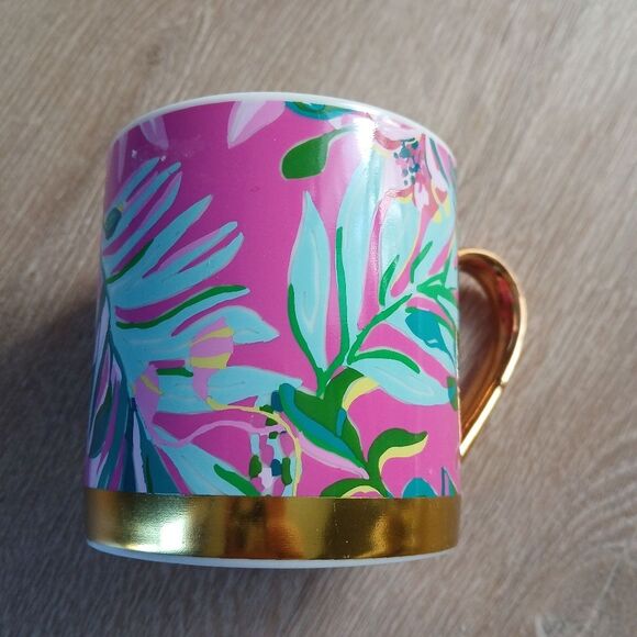 Authentic Lilly Pulitzer Coffee Mug Vibrant Floral Pink Gold "I'm Feline Fine" - Picture 5 of 8